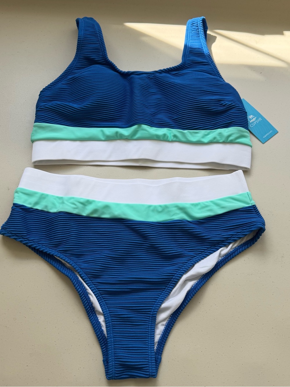 CUPSHE 2 Piece Ribbed Colorblock Bikini Set Blue White Green M High Waisted